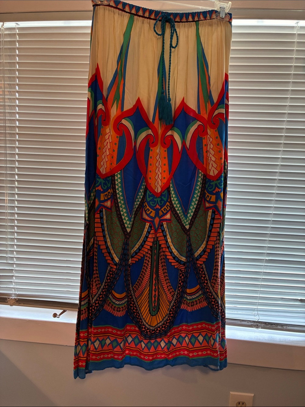 Flying Tomato Cream, Blue & Orange Maxi Skirt with Tassel Tie